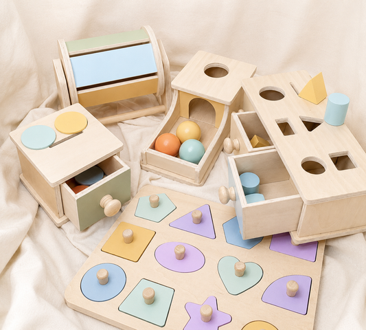 Wooden educational toy set with colorful shapes and compartments on a soft surface